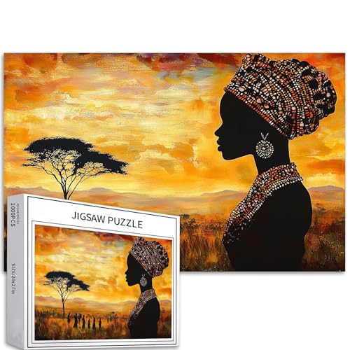 Rompecabezas de silueta de mujer africana de 1000 piezas para adultos, sabana africana, puesta de sol, fondo artístico, desafiante, juegos de actividades familiares, rompecabezas colorido para