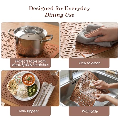Image of Kuber Industries 4 Pcs Set Leather Side Table Mats | Reusable Kitchen Dining Table Mat for Party, Wedding and Family Functions | Square Design - Copper