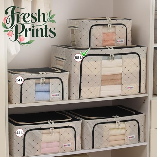 Image of HOKIPO 88L Wardrobe Organiser for Storage of Clothes, 600D Oxford Fabric Storage Box, Ivory Noir Pack of 1 (AR-6487-BLK)