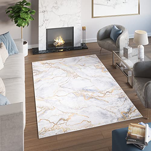 TAPISO Toscana Alfombra Antideslizante de Salón Dormitorio Habitación Infantil Diseño Moderno Abstracto Crema Blanco Dorado Gris Patrón Impreso Sin Pelo Suave 160 x 230 cm