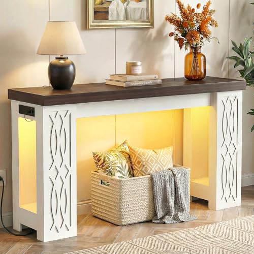 Cyclysio 47" Console Table with Outlet & LED Lights, White/Black Walnut