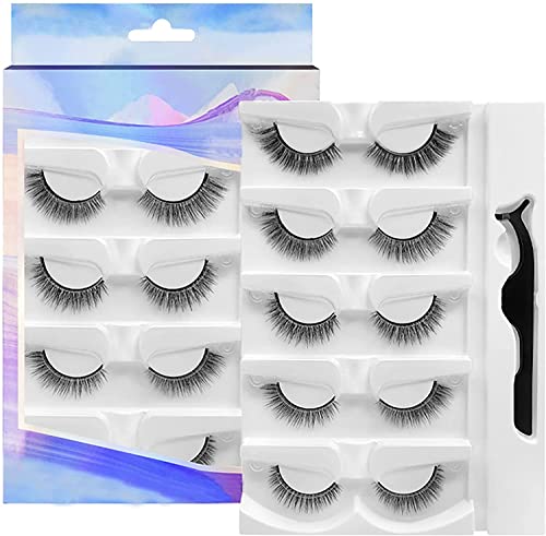 5Pairs Reusable Self Adhesive Eyelashes, Eyelashes Natural Look and No Glue or Eyeliner Needed, False Lashes 2 Secs to Put on, Gift for Women (Natural and Bushy)