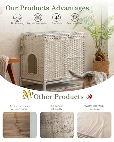 SETVSON Móveis para caixa de areia para gatos, caixa de areia de vime oculta à mão com tapete, casa