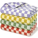 Jacquotha Checkered Bath Towels Set of 4-100% Cotton Towels for Bathroom, Shower, Pool & Beach (Purple, Yellow, Green, Orange), 520GSM