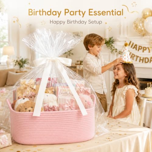 Image of OIASKET Large Empty Cotton Rope Gift Basket with Handles, 18.9 inchx13.8 inchx7.8 inch Decorative Woven Storage Basket with Gift Bag and Ribbon Set for Baby Shower, Toy Organizer for Kids, Dogs & Cats - Pink
