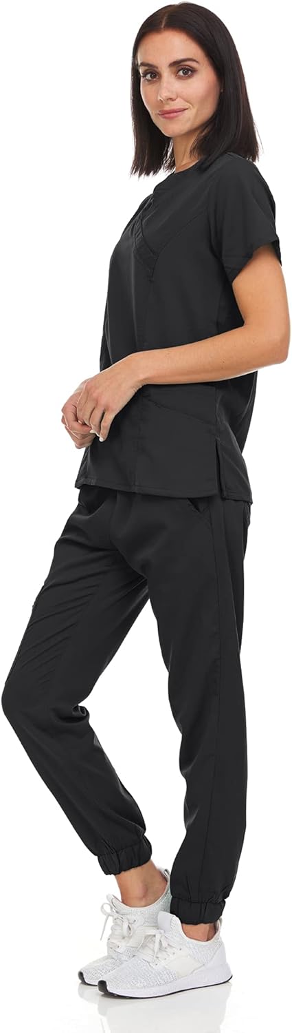 MediChic Womens Stretch V-Neck Jogger Scrubs Set, Available in Over 12 Colors