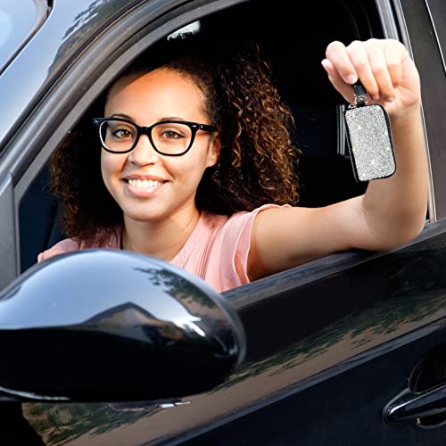 Eing Bling Crystal Car Key Case Genuine Leather Auto Smart Keychain Holder Metal Hook And Keyring Zipper Bag For Remote Key Fob - Silver #TOP4