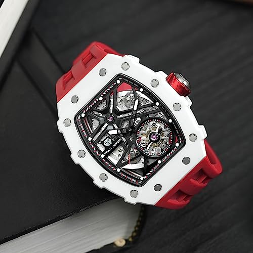 Image of TSAR BOMBA Men's Automatic Watch Tonneau Luxury Skeleton Watches for Men Mechanical 50M Waterproof Analogue Watches Mens Unique Cool Square Big Face Dial Wristwatch with Silicone Strap Band