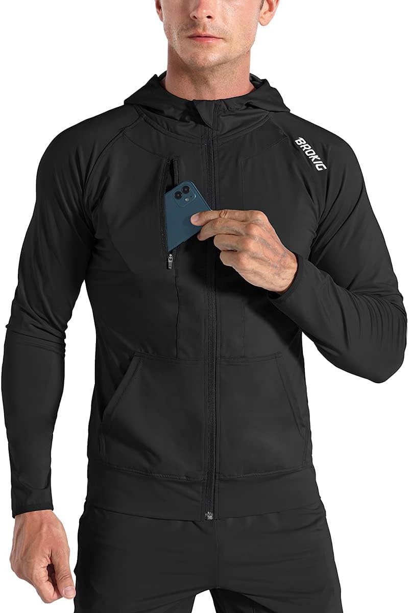 Mens WindBreak Lightweight Running Jackets with Zip Pocket, Workout Track Hoodie Athletic Gym Sweatshirts Men