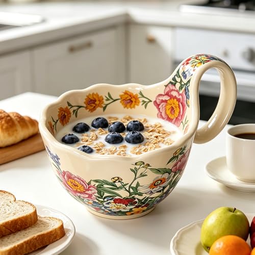 YQ&AMK Ceramic Soup Bowls with Handles - 15.21 oz Large Microwave & Dishwasher Safe Soup Mugs, Hand-Painted Floral Polish Pottery Style Bowls for Soup (Peony Flower - Big Ear Mug) — view 6