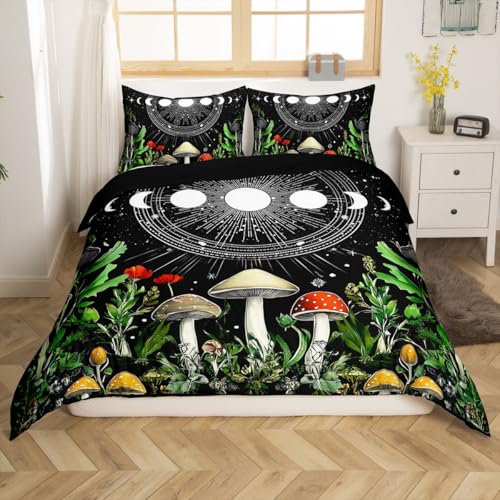 Cute Mushroom Bedding Set Sun and Moon Comforter Cover for Kids Boys Girls Teens Trippy Decor Boho Galaxy Constellations Duvet Cover Starry Sky Wild Flowers Bed Set Room Decor Full Size (No Comforter)