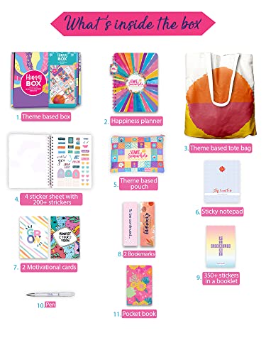 Image of Doodle l The Happy Box Planner Stationery Kit l B5 + Tote Bag + Pouch + Sticker Book + Pocket Planner + Sticky Notebook + Pen + Motivational Cards + Bookmarks with Premium Gift Box (Bright Start)