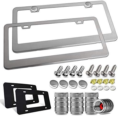 Aootf Stainless Steel License Plate Frames- Heavy Duty Polish Mirror Car Tag Cover with Chrome Screw Caps, 2 Hole 2 Pack Front & Rear Holders for Women/Men, Tire Valve Caps, Rattle Proof Pads