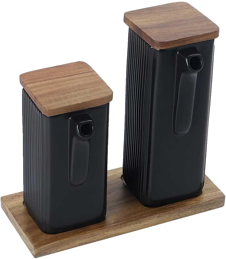 YATAI Set Of 2 Ceramic Oil Dispenser bottle Set – Soy Sauce Bottle With Lid – Olive Oil Vinegar Cruet – Condiment Dispenser For Kitchen – Seasoning Box Set – Spice Organizer and Storage Jars (Black)