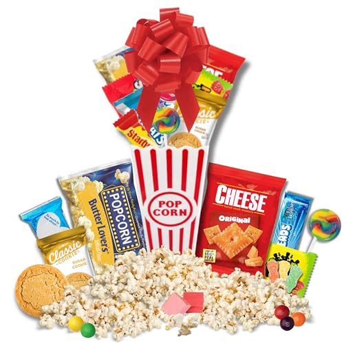 Kids Movie Night Gift Basket – Pre-Filled Snack Basket Candy Bouquet with Popcorn, Candy, Cookies & Popcorn Bowl (Movie Night - Sugar Cookie)