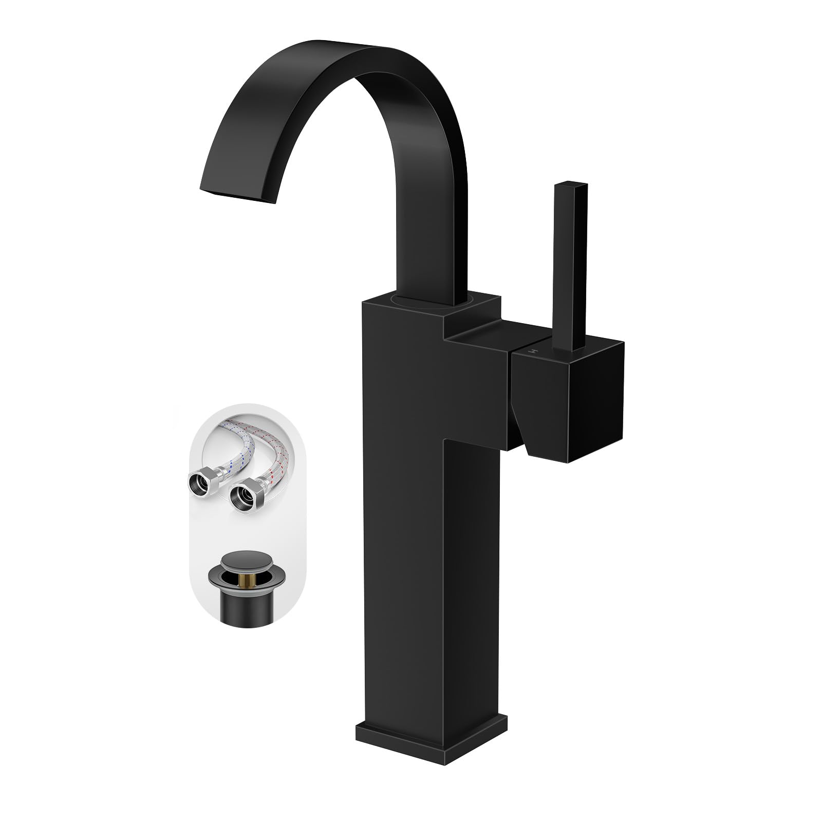 Phiestina Tall Vessel Sink Faucet Black Waterfall Single Hole Bathroom Faucet Single Handle Above countertop Sink with Metal
