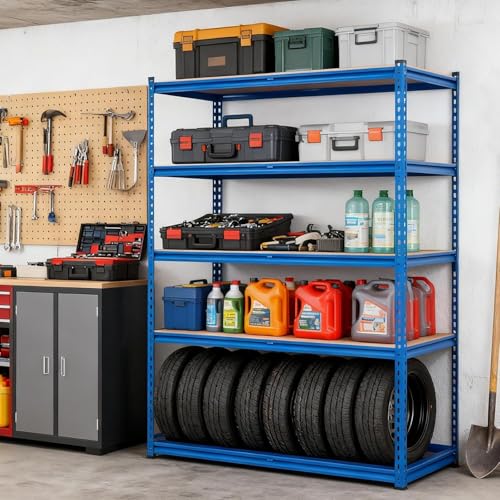 Image of GarveeTech 5-Tier Heavy Duty Storage Shelves, 2500 LBS Capacity Metal Shelving Unit with MDF Board, 60 inch W x 24 inch D x 72 inch H Adjustable Garage Shelving for Basement and Warehouse, High Gloss Blue