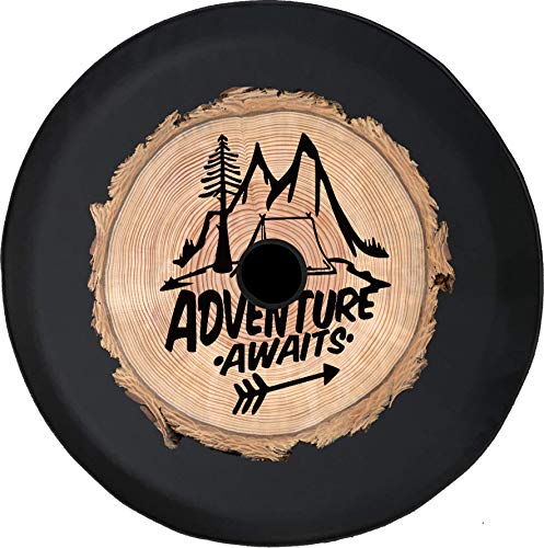 JL Series Spare Tire Cover with Backup Camera Hole Adventure Awaits Wood Series Log Camping Mountains Black 33 in