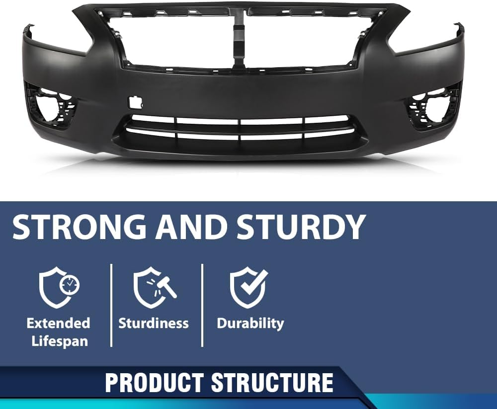 PIT66 Front Bumper Cover Compatible with Nissan Altima 2013-2015 w/o License Plate Provision & Parking Aid Sensor Holes, w/Tow Hook Hole & Fog Light Holes 620223TA0H, NI1000285 Black