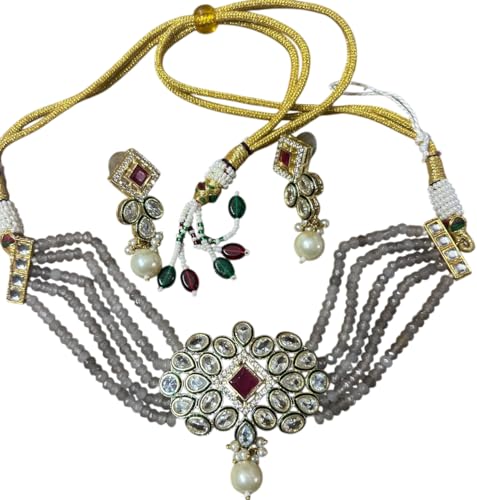 Image of Crystal Multilayered Choker Set with Polki Pendant and Earrings.