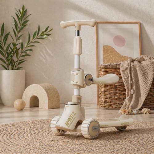 Image of Multi-Functional 2 in 1 Kids Kick Scooter with Foldable Seat | Adjustable Handlebar | PU LED Flashing 3 Wheels | for Boys & Girls Age 3-14 Years. (KS-110 Sand Beige)