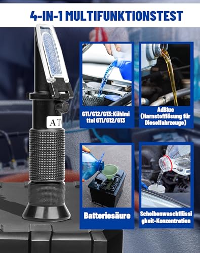 ZITFRI 4-in-1 Frostschutz Refraktometer mit ATC, Kühlmitteltester für Ethylenglykol (G11 G12), Propylenglykol (G13), AdBlue (DEF), Batteriesäure und Scheibenwaschflüssigkeit Schwarzes 501 Panel