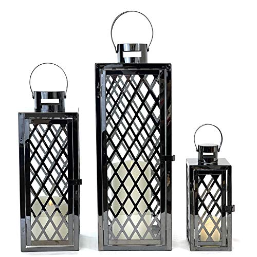Image of allgala Lantern Jumbo Deluxe Modern Indoor /Outdoor Candle Stainless Steel Rectangular Frame with Lattice Grid Tempered Glass for Garden Poolside Fireplace Wedding (Pack of 3, 12 Inch, Black)