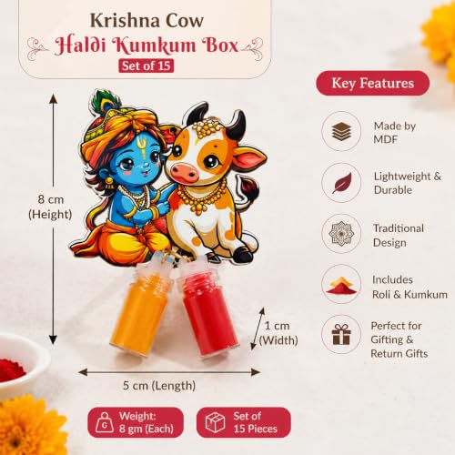 Image of CraftVatika Haldi Kumkum Return Gifts in Bulk Festive Decor, Pasupu Haldi Bottle Krishna Cow Cutout, Thamboolam Return Gifts for Wedding Pooja, Rakhi, Navratri Diwali Gift for Family Friends (15 Pcs)