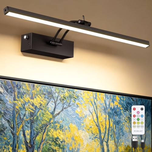 Image of 16inch Picture Lights for Wall, 5200mAh Battery Operated Art Light with Remote, 6 Color Temperature, Dimmable Metal Lights for Pictures On Wall for Living Room Bedroom Hallways Black