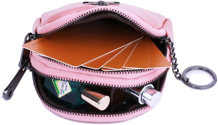 Small Bee Zipper Coin Purse Pouch Wallet Genuine Leather Change Purse Holder for Women with Keychain Ring (Pink)