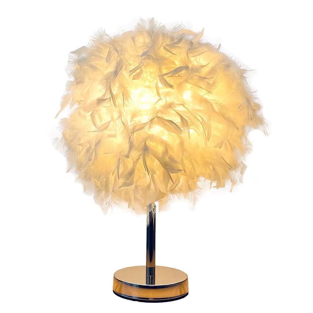 Accessori per lampade da Tavolo Lampada da Comodino a Sfera in Piume Bianche con Base Dorata Lampada da Tavolo in Piume Paralume da scrivania per Camera da Letto, Oggetti di Scena