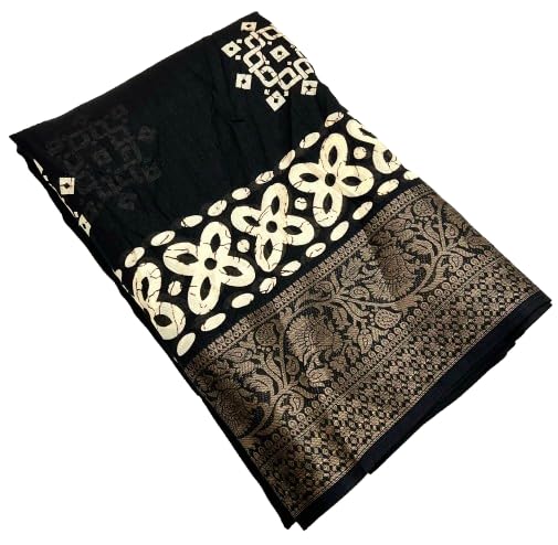 house of varnatantu Dola Silk Batik Printed Women's Zari Border Saree with Blouse Black Color-picture-41