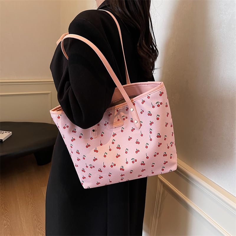 Cherry Print Tote Bag for Women Bow Shoulder Handbag Trendy Faux Leather Top-Handle Bag with Cherry Accessories2