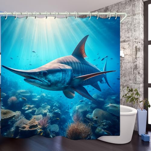 Image of LYFANS Bathroom Using Undersea Swordfish 3D Shower Curtains, Luxury Bathtub Standard Shower Curtain, Waterproof and Bright Fabric Shower Curtain, Size (72x72 Inches)