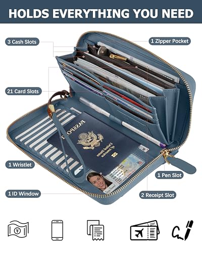 Image of Large Wallet for Women, Clutch Wallet with Passport Holder | RFID Wallet for Women, Zipper Clutch Purse, Passport Holder for Travel, Multiple Card Slots, Phone Pocket, Wristlet Strap