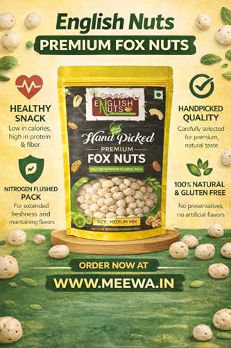 Image of English Nuts Fox Nuts (Makhana),1 Kg, Gluten-Free, Vegan, Keto-Friendly, Medium Size, Pesticide Free, Pack of 4 x 250g
