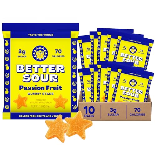 Better Sour Passion Fruit Gummy Stars Candy, Low Sugar, Vegan, with Fiber (Pack of 10)