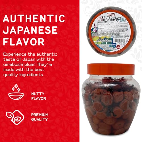 Shirakiku Salted Plums Shiso Ume PET | Japanese Umeboshi Plums for Vinaigrettes, Noodles, Sandwiches, & Rice Balls | High Fructose Syrup, Seasoned Perilla | Pack in 2.2lbs Jar