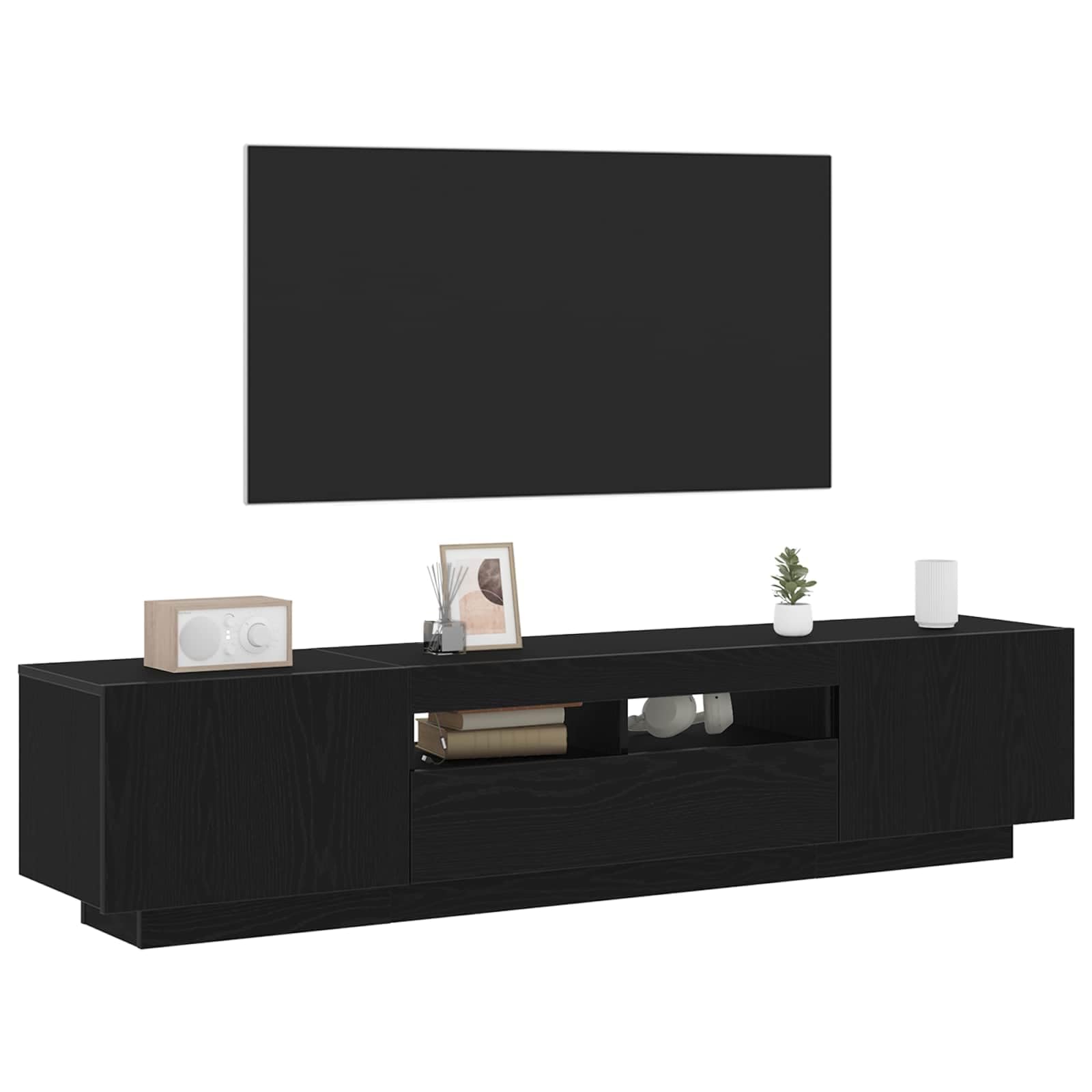 Set mobile TV nero in legno ingegnerizzato con 2 pezzi, design moderno con ripiani, porte a filo, strisce LED USB, ideale per soggiorno e supporto televisore