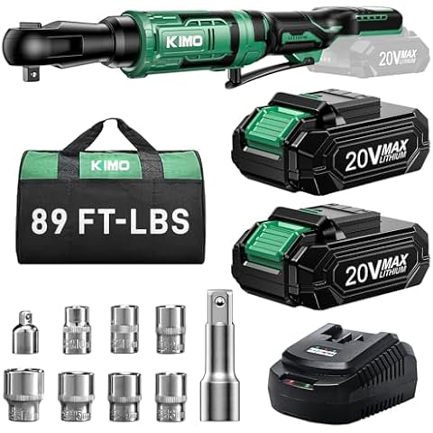 KIMO 20V Cordless Ratchet Wrench 3/8 Set, 89 Ft-lbs 400 RPM Electric Ratchet Wrench, 2x2.0Ah Li-Ion Battery, Fast Charger, Electric Wrench Set w/ 7 Sockets, 3/8" to 1/4" Adapter, 3-Inch Extension Bar Cover
