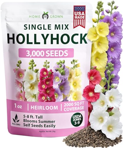 HOME GROWN Hollyhock Single Mix Planting Seeds 2026 – 29g/1oz (3000 Seeds) | Open-Pollinated Flower Seed | Heirloom Non-GMO | Deer Resistant | Self-Seeding | Zones 3–9