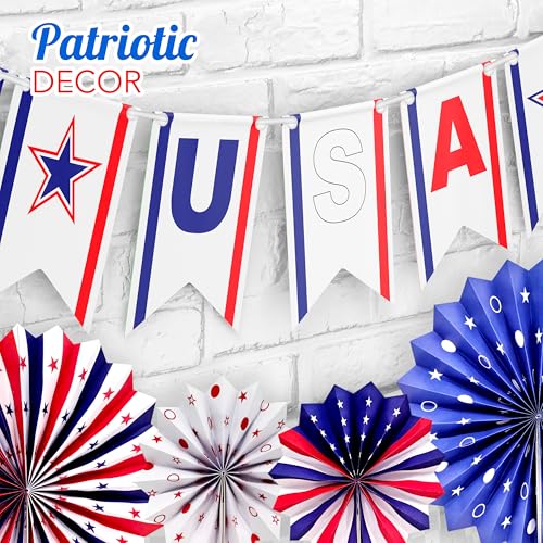 Image of 4E's Novelty 24 Pcs Patriotic Hanging Decorations, 6 Pcs Hanging Patriotic Banner Paper Fans Red White Blue Decor with Star Streamer, American Independence Day Sign with USA Flag Indoor Outdoor Decor