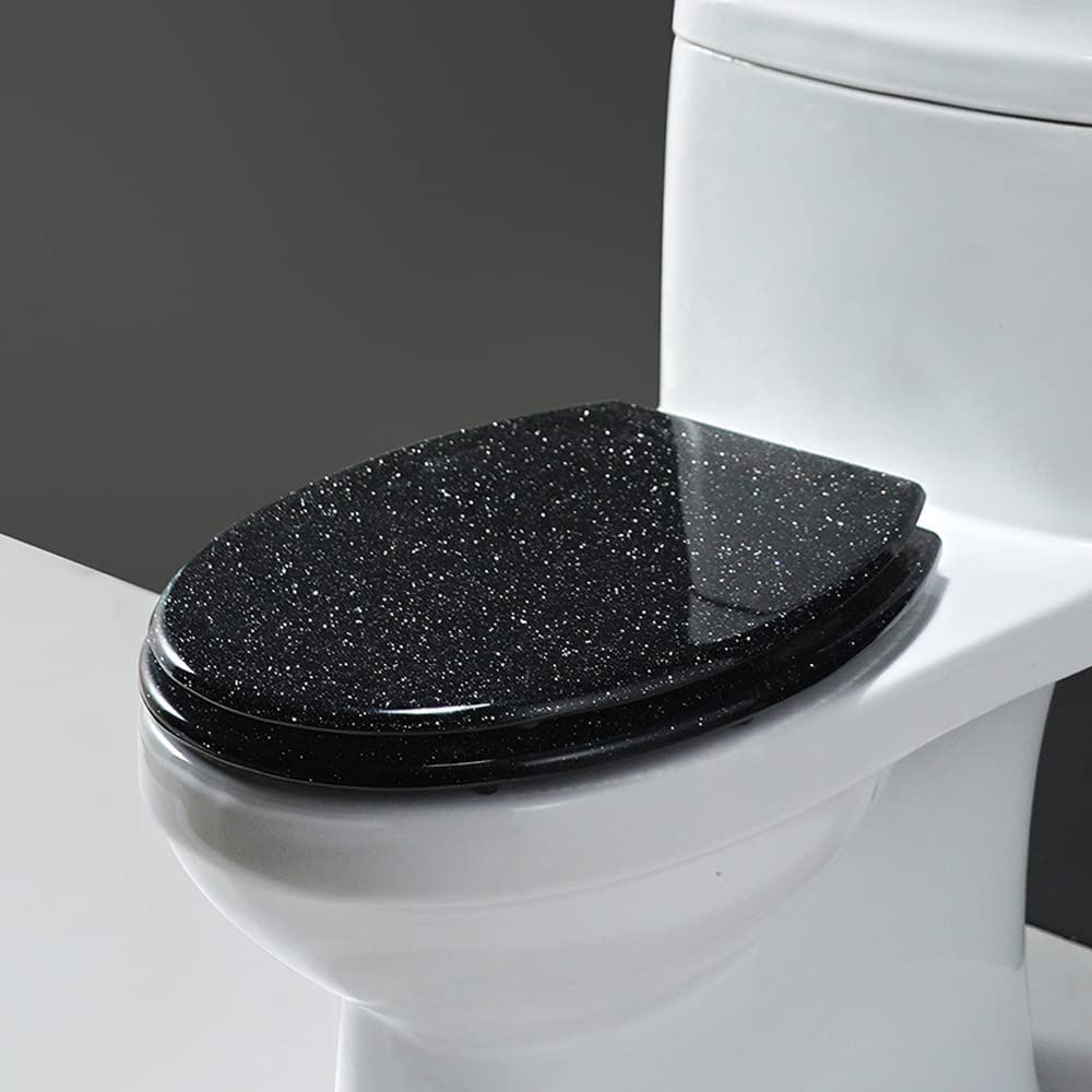 Wutaihill Black Soft Close Toilet Seat, Resin Glitter Sparkle Oval Toilet Seat, Slow Close, Easy Installation & Cleaning, 36×42Cm(Black)
