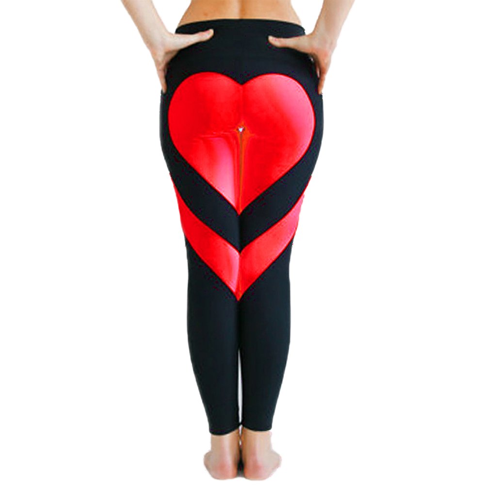 Women's Heart-Shaped Fitness Leggings Yoga Pants Hot! Workout Ankle-Length Stretch Sportwear Royal Mail Post, Black & Red, S