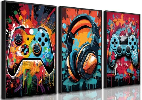 PPV 3Pcs Cool Gaming Wall Art Retro Video Gamer watercolor Posters Pictures Colorful Neon Gamepad...