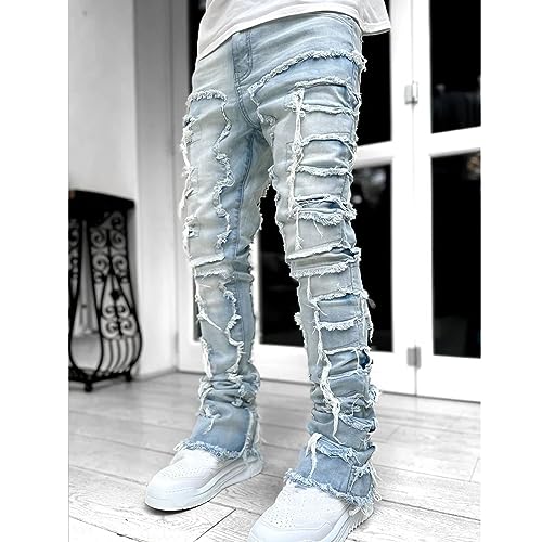 Mens Stacked Jeans Slim Fit Ripped Jeans Destroyed Straight Denim Pants Harajuku Hip Hop Trouser Streetwear2