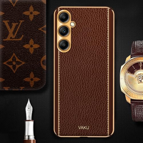 Image of Vaku Luxos Luxemberg Back Cover Case for Samsung Galaxy A14 5G with Leather Pattern Design Gold Electroplated Soft TPU Cover| Shockproof Protective Case - Brown
