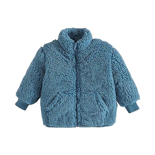 Kids Boys Girls Fleece Jacket Long Sleeve Thick Fluff Zipper Stand Collar Coat Winter Solid Outwear with Pocket