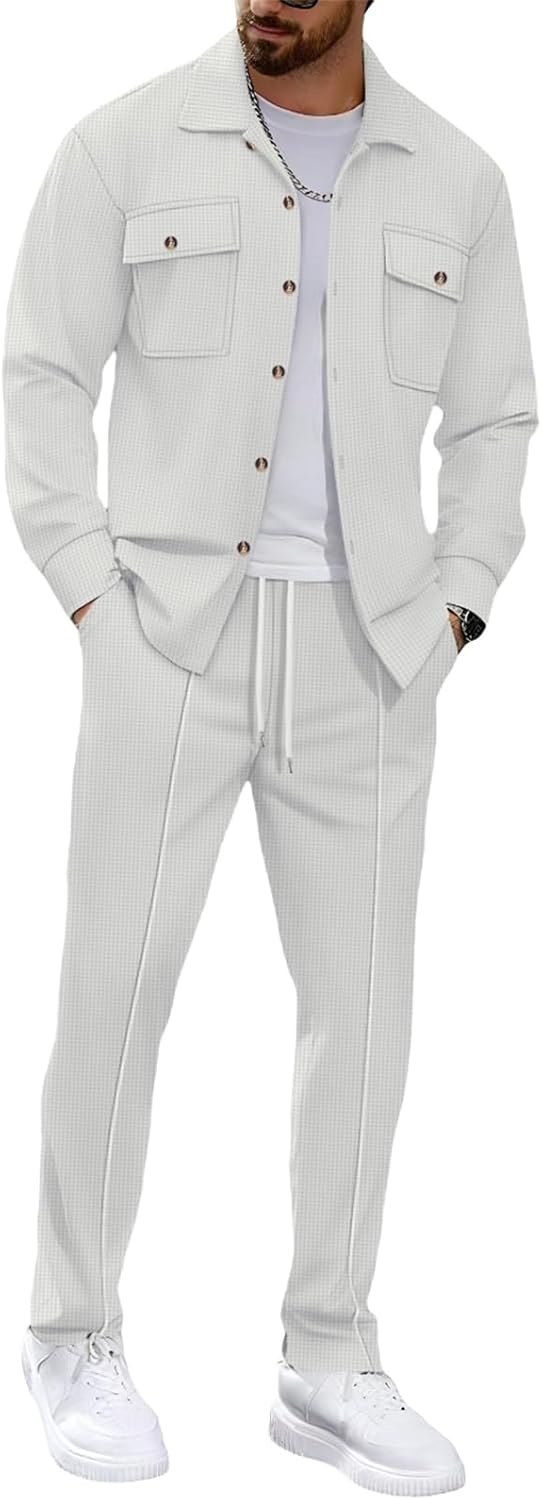 MQUN Mens Sweatsuits 2 Piece Set Jacket Top and Casual Pants Set Fall Fashion Sweatsuits Waffle Plaid Jacquard Outfits