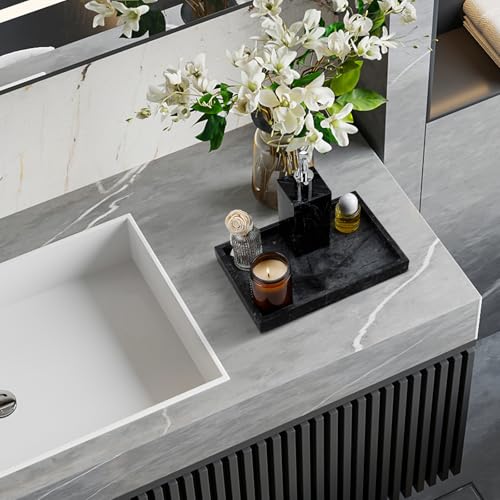 Image of Real Natural Marble Tray for Bathroom, Vanity, Kitchen and Desktop, Rectangle Genuine Marble Stone Tray for Jewelry, Cosmetics, Candles, Lotion, Perfume and Home Decor Black